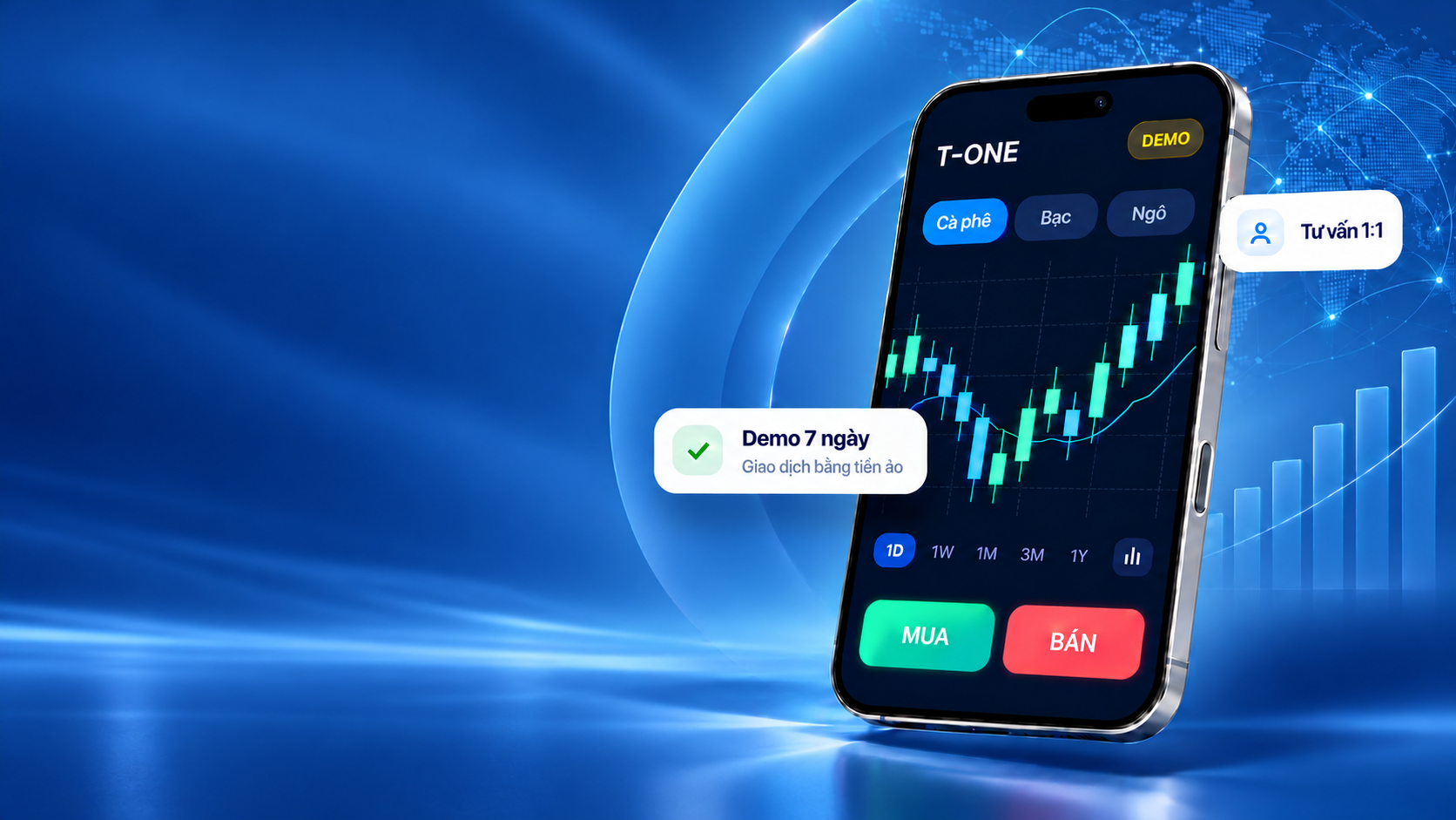 Hình minh họa ứng dụng tài khoản demo T-One trên điện thoại